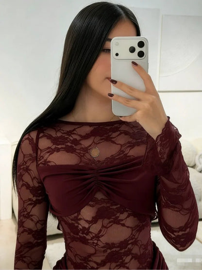 SOKYND Nia Backless Lace Mini Dress DressBurgundyS