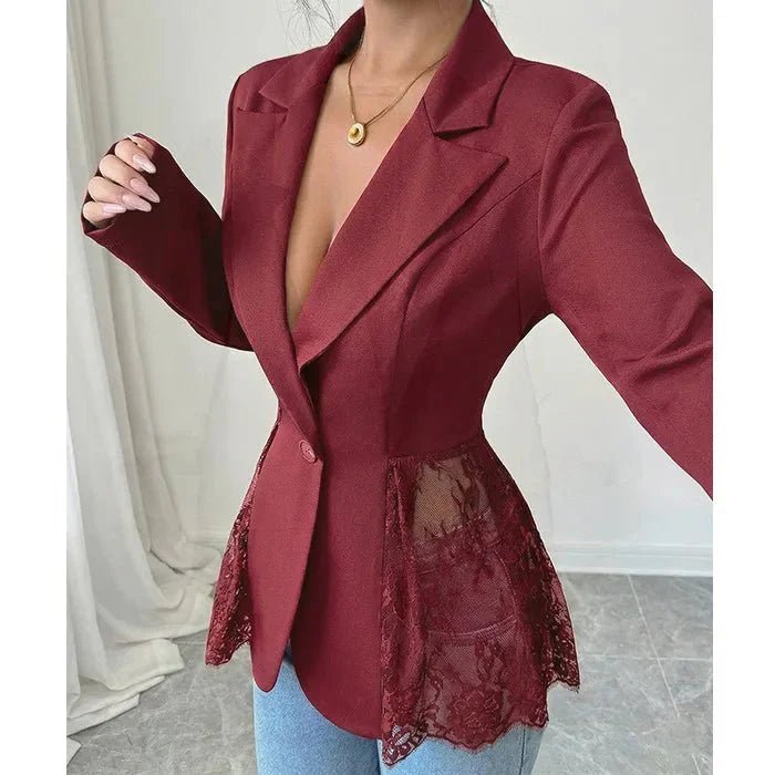 SOKYND Nicole Lace Panel Tailored Blazer Coats & JacketsBurgundyS