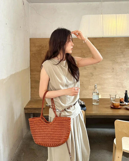 SOKYND Petra Handwoven Leather Tote Bag BagsBrownL