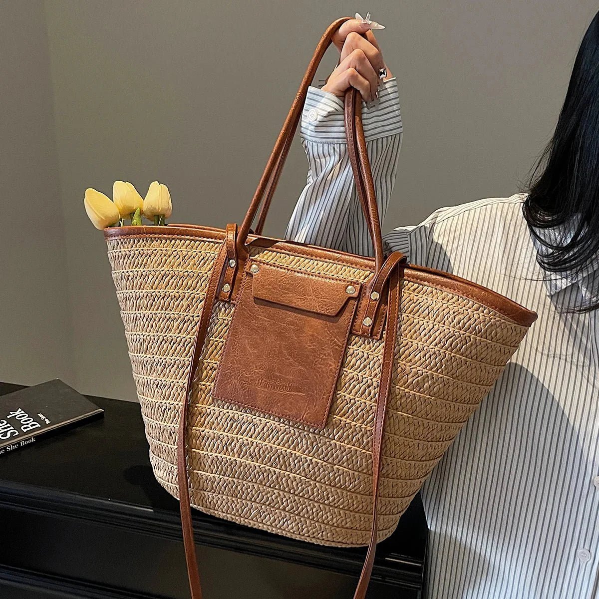 SOKYND Quinn Forest Woven Single-Shoulder Tote HandbagsSOKYND-334167-BRO-OS-89367Brown