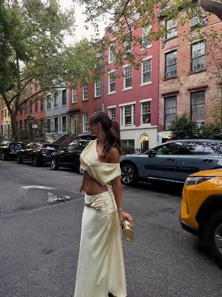 SOKYND Sienna Satin Pleated Crop Top & Skirt Set Matching SetsYellowXS