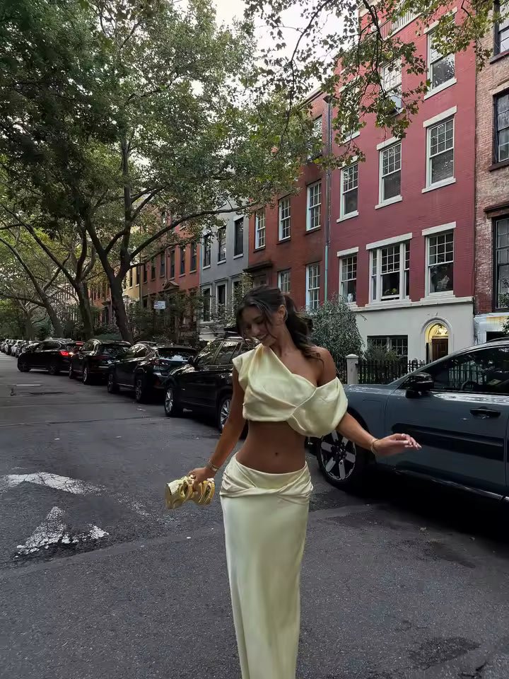 SOKYND Sienna Satin Pleated Crop Top & Skirt Set Matching SetsYellowXS