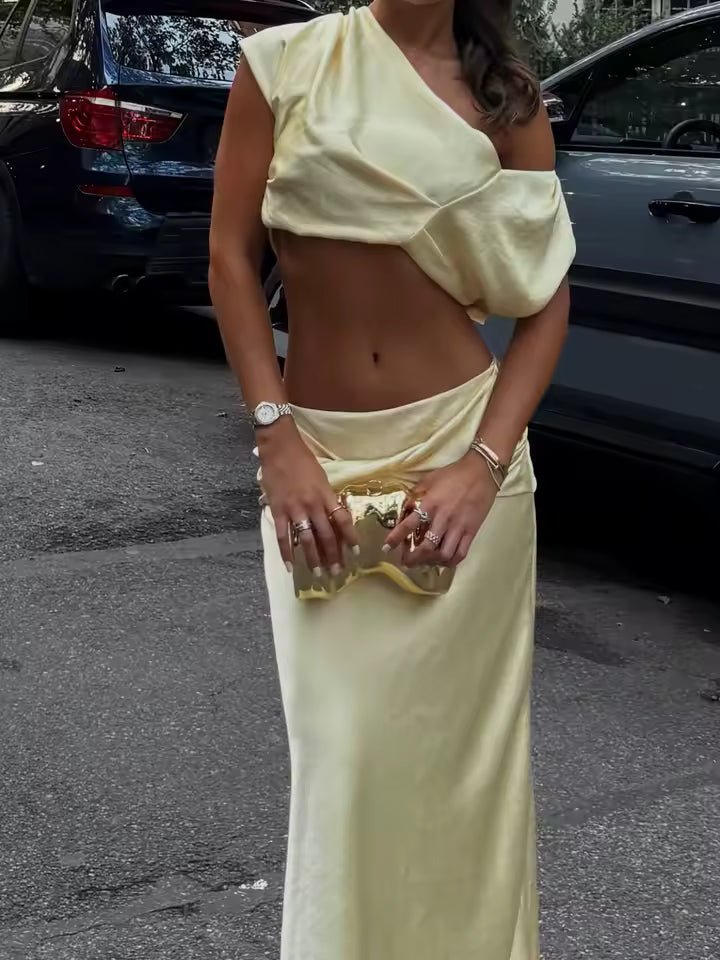 SOKYND Sienna Satin Pleated Crop Top & Skirt Set Matching SetsYellowXS