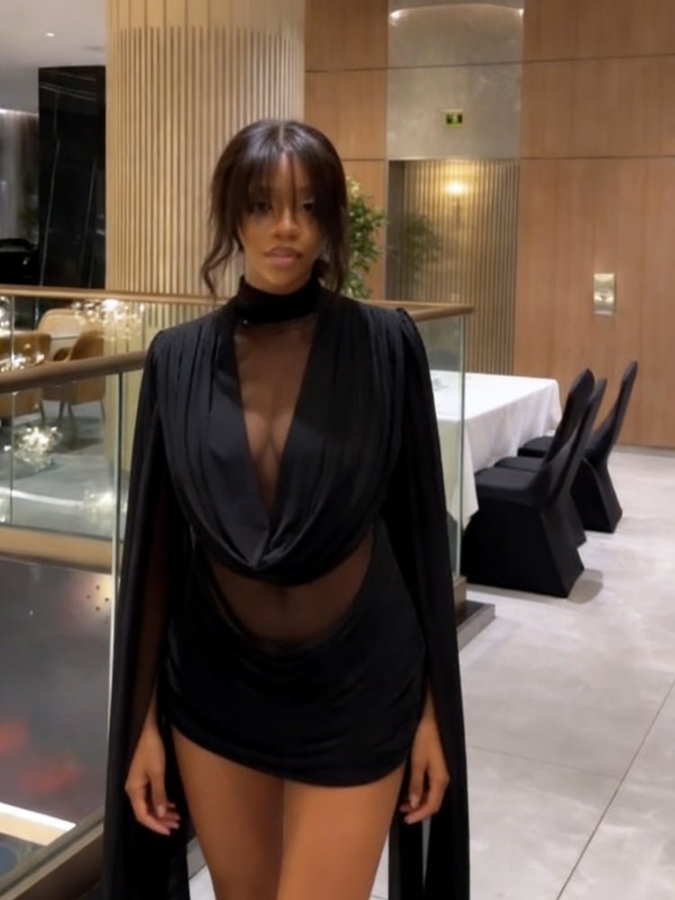SOKYND Stacey Sheer Mini Dress with Cape Sleeves in Black