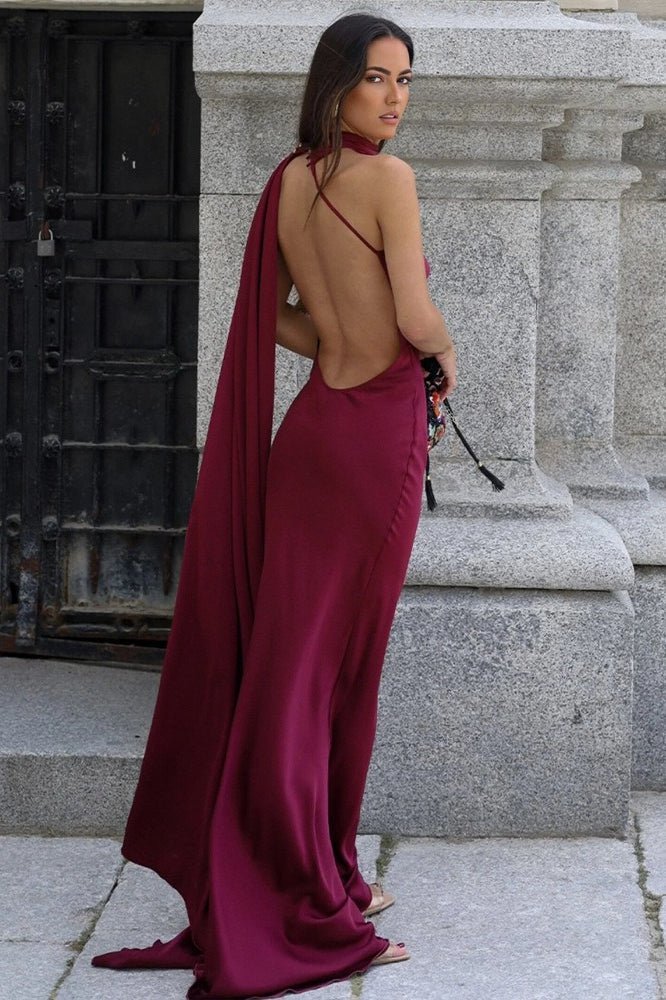 SOKYND Tirzah Satin Halter Cape Dress DressBurgundyM
