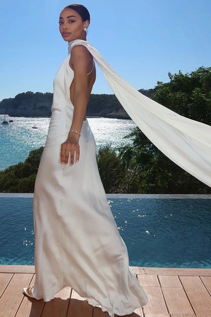 SOKYND Tirzah Satin Halter Cape Dress DressWhiteS