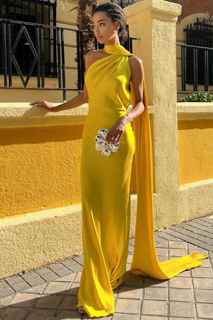 SOKYND Tirzah Satin Halter Cape Dress DressYellowS