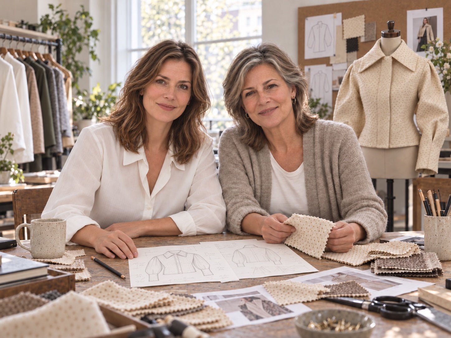 Two women reviewing Adarsha jacket sketches and fabric swatches in a working studio