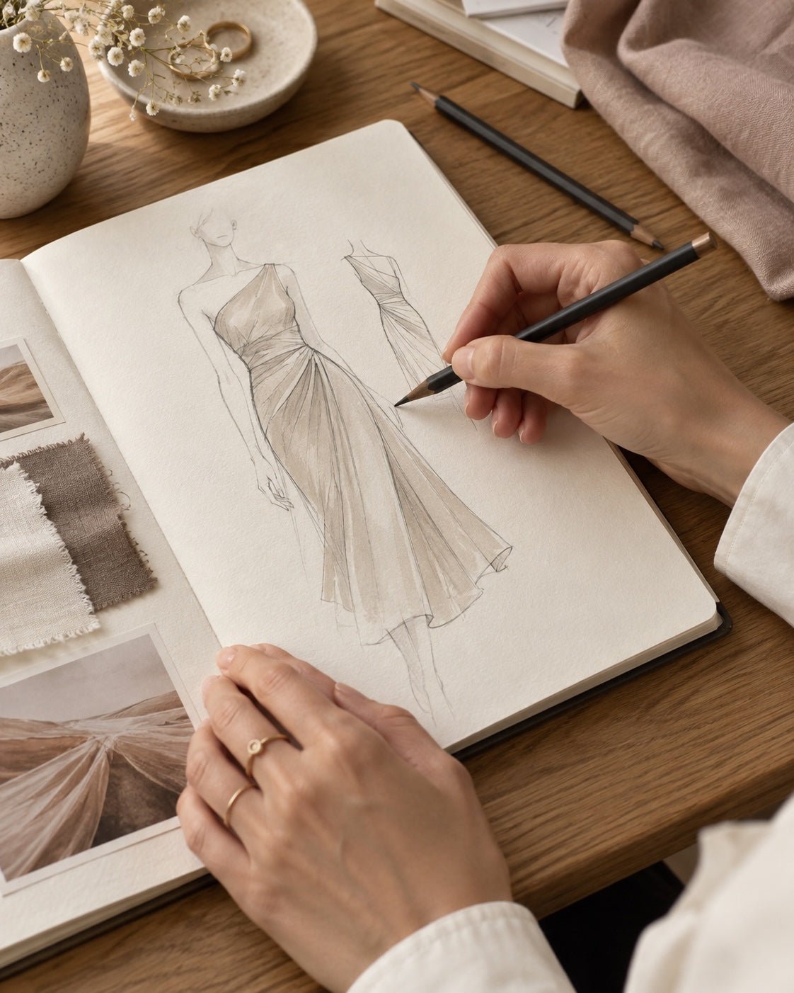 Illustrative image of hands drawing a dress with fabric swatches.